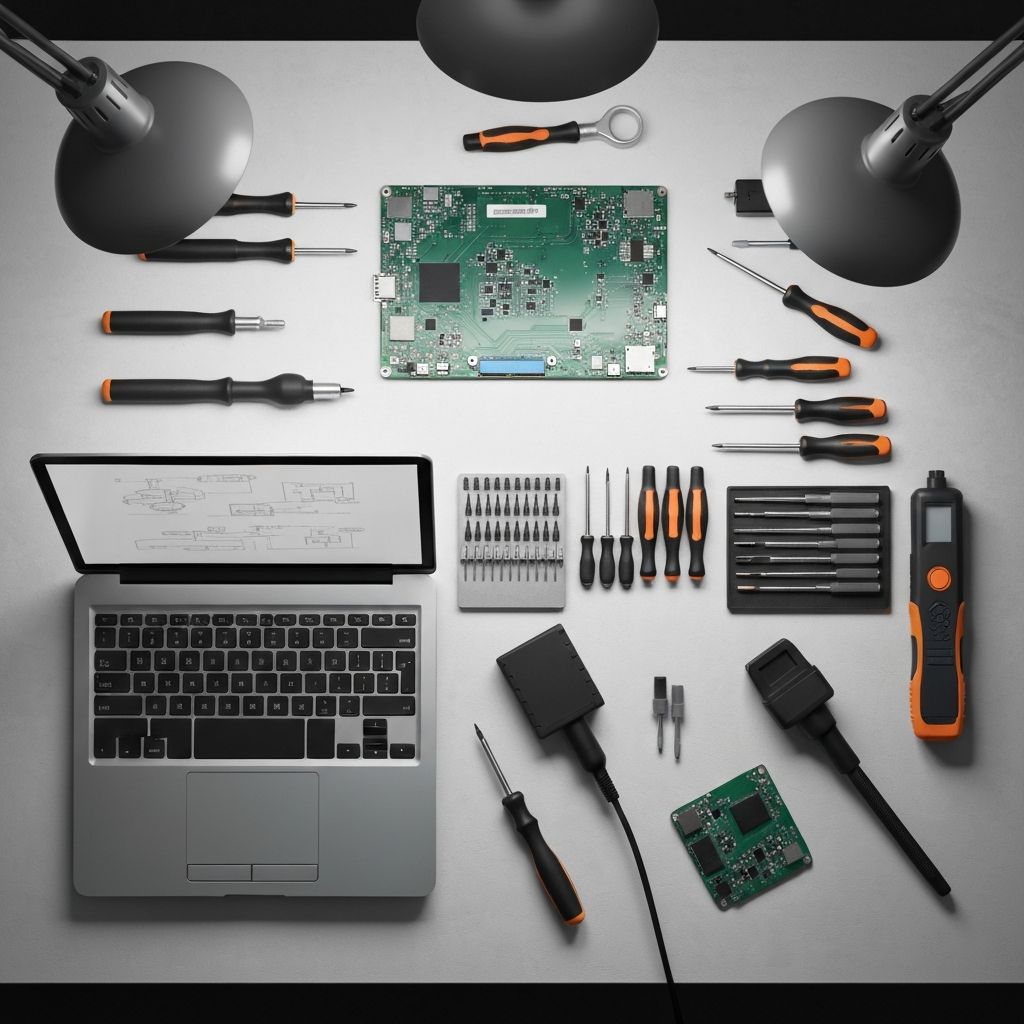 Computer repair workbench with tools and components laid out professionally